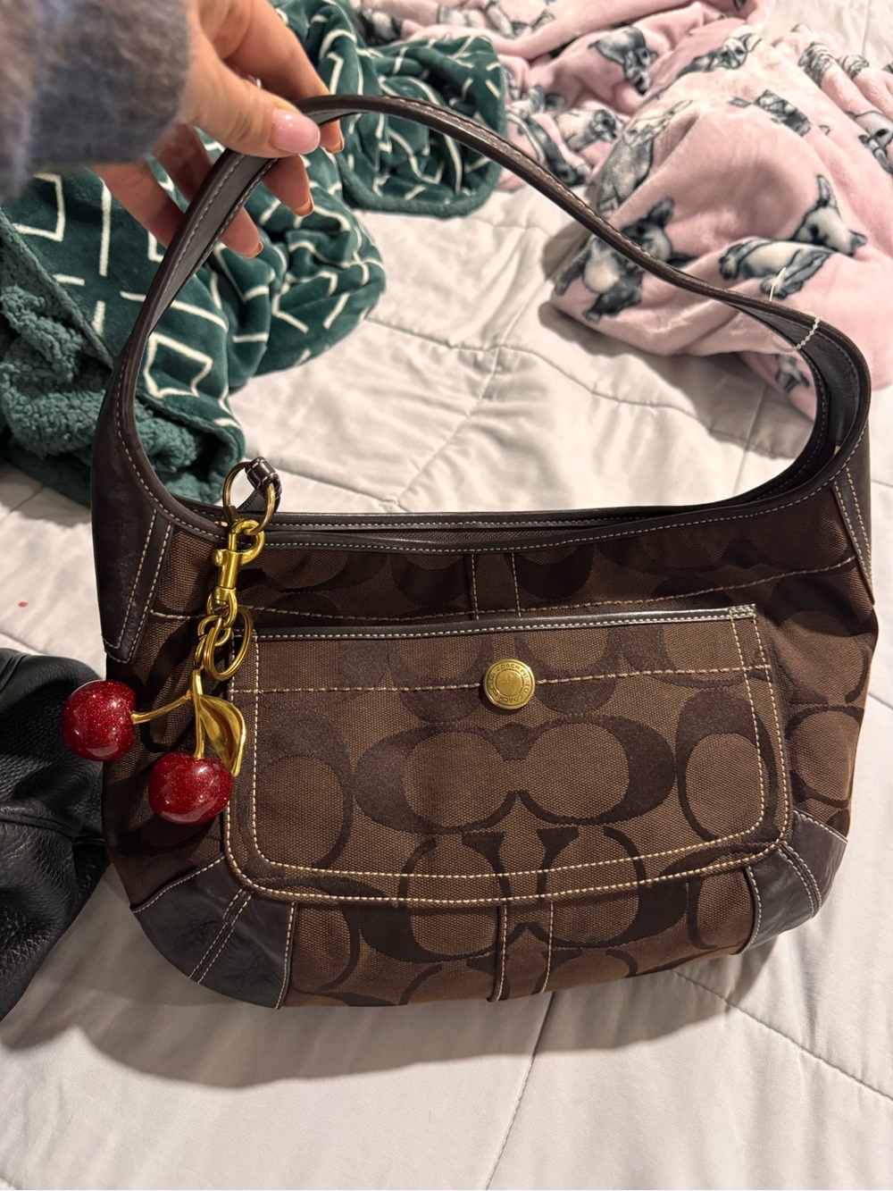 Coach Brown Signature Canvas Shoulder Bag with Red Cherry Charm